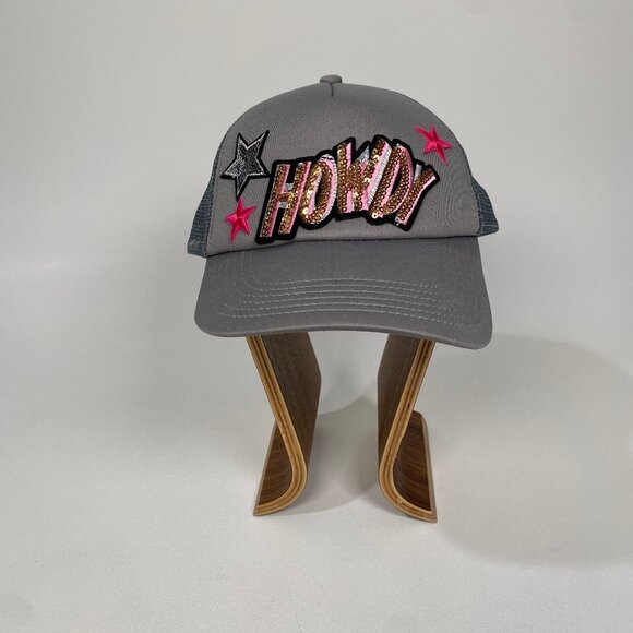 Accessories - Trendy Gray "Howdy" Cowgirl Snapback Hat with Sequin Patch and Stars